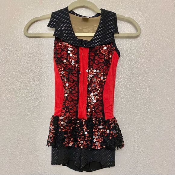 A Wish come true Dance costume red biketard full zip sequin jazz tap child IMC - Picture 4 of 8